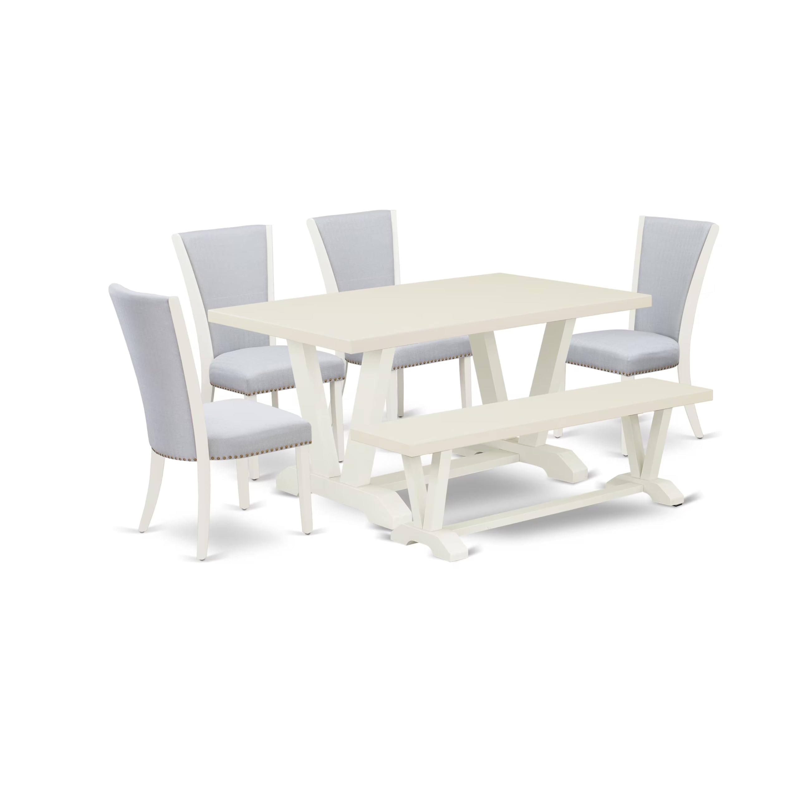 East West Furniture V026VE005-6 6 Piece Dinette Set Contains a Rectangle Dining Room Table with V-Legs and 4 Grey Linen Fabric Parson Chairs with a Bench, 36x60 Inch, Multi-Color
